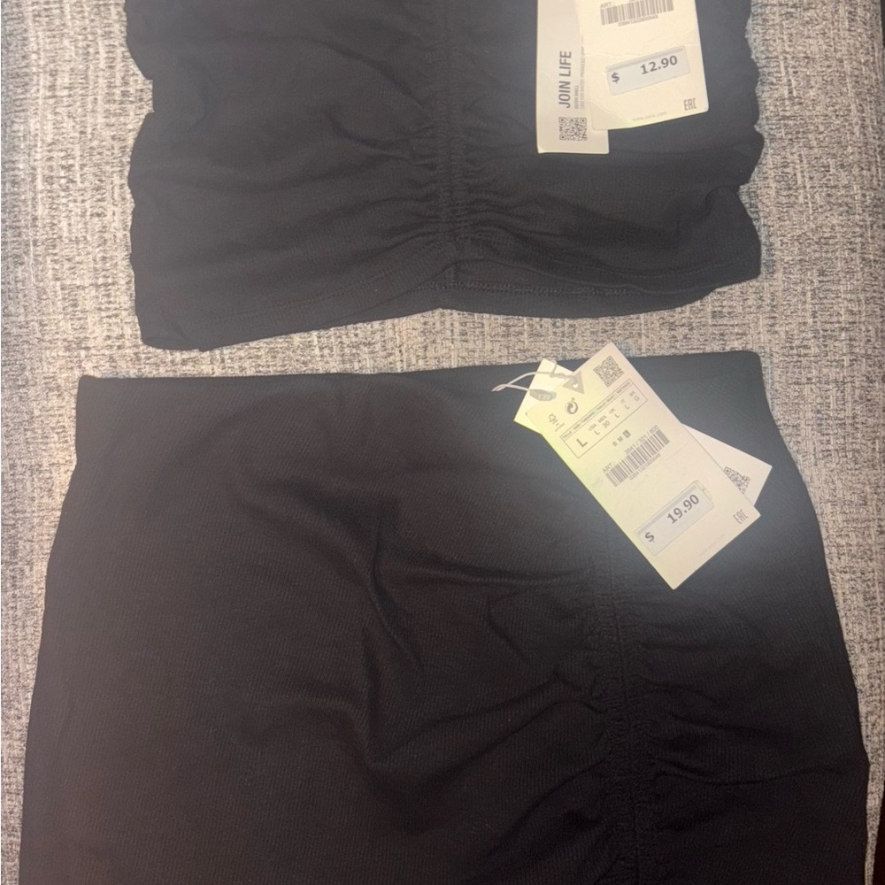 Zara Black Ruched Strapless Top Mini Skirt Set